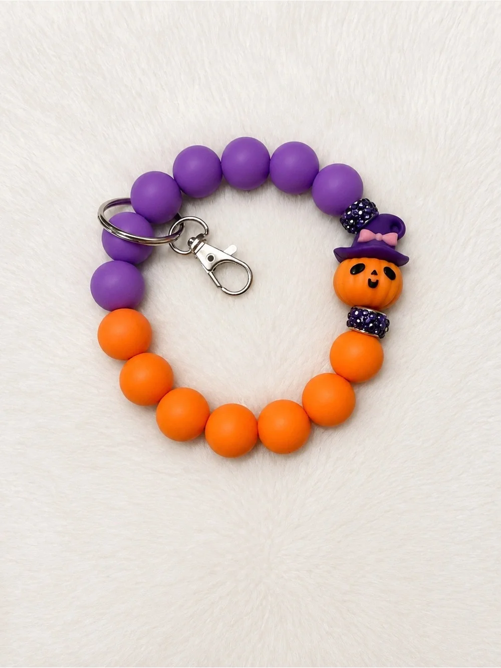 Handmade Purple & Orange Beaded Pumpkin Keychain Bracelet